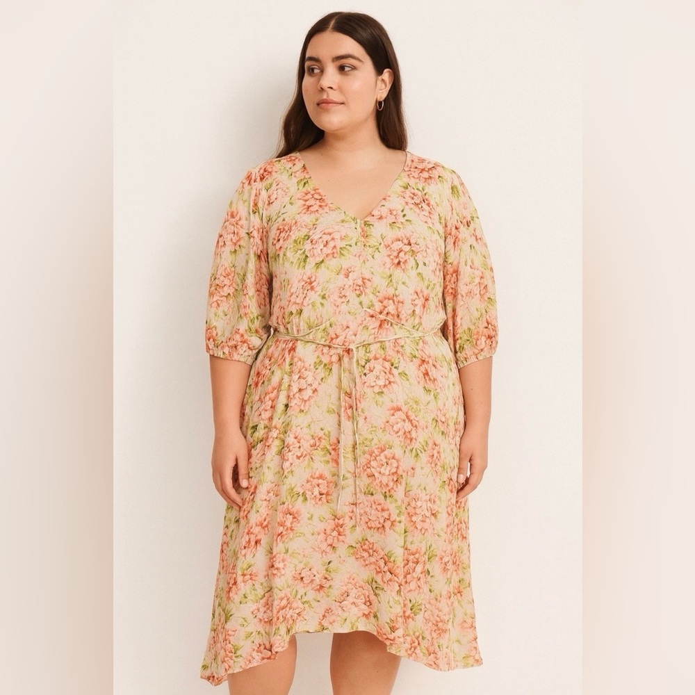 J.Jill Floral Midi Dress L Pebble Hydrangea Tie Waist Asymmetrical Hem Romantic